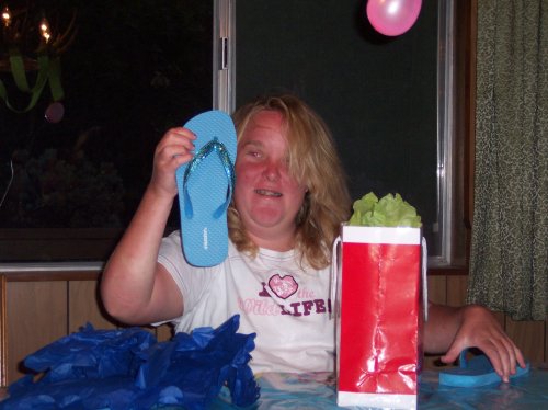 Melissa and her new flip-flops from Kimmy 