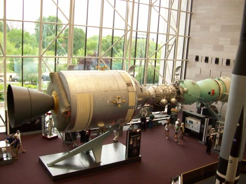 Apollo command module and Russian space capsule docked 