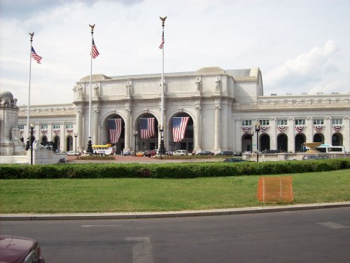 Union Station and Duck Boat in foreground 