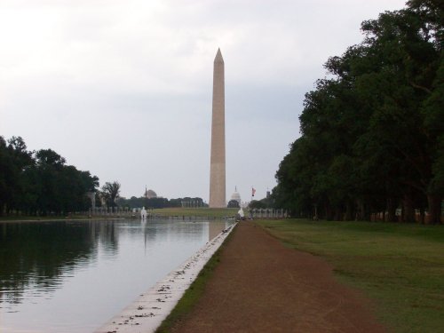 Washington Monument and WW II Memorial from reflection pond 