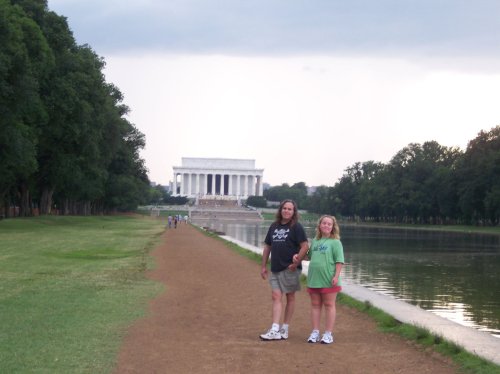Dad and Missy by reflection pond at  Lincoln Memorial 