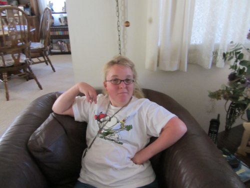 Melissa modeling her Snoopy shirt 